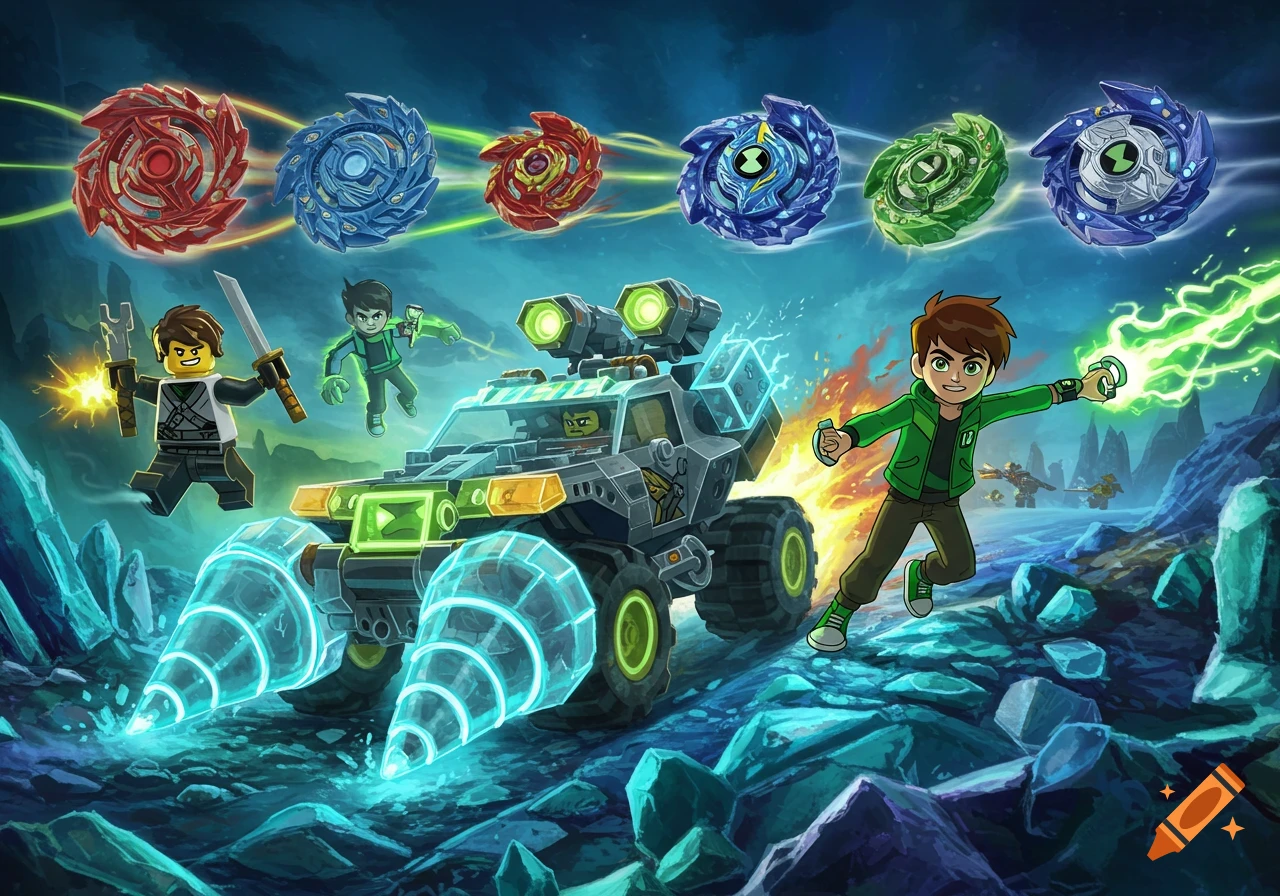 Ben 10 and a Lego Ninjago character with a drill-equipped vehicle and several Beyblade tops floating in a vibrant, rocky landscape.