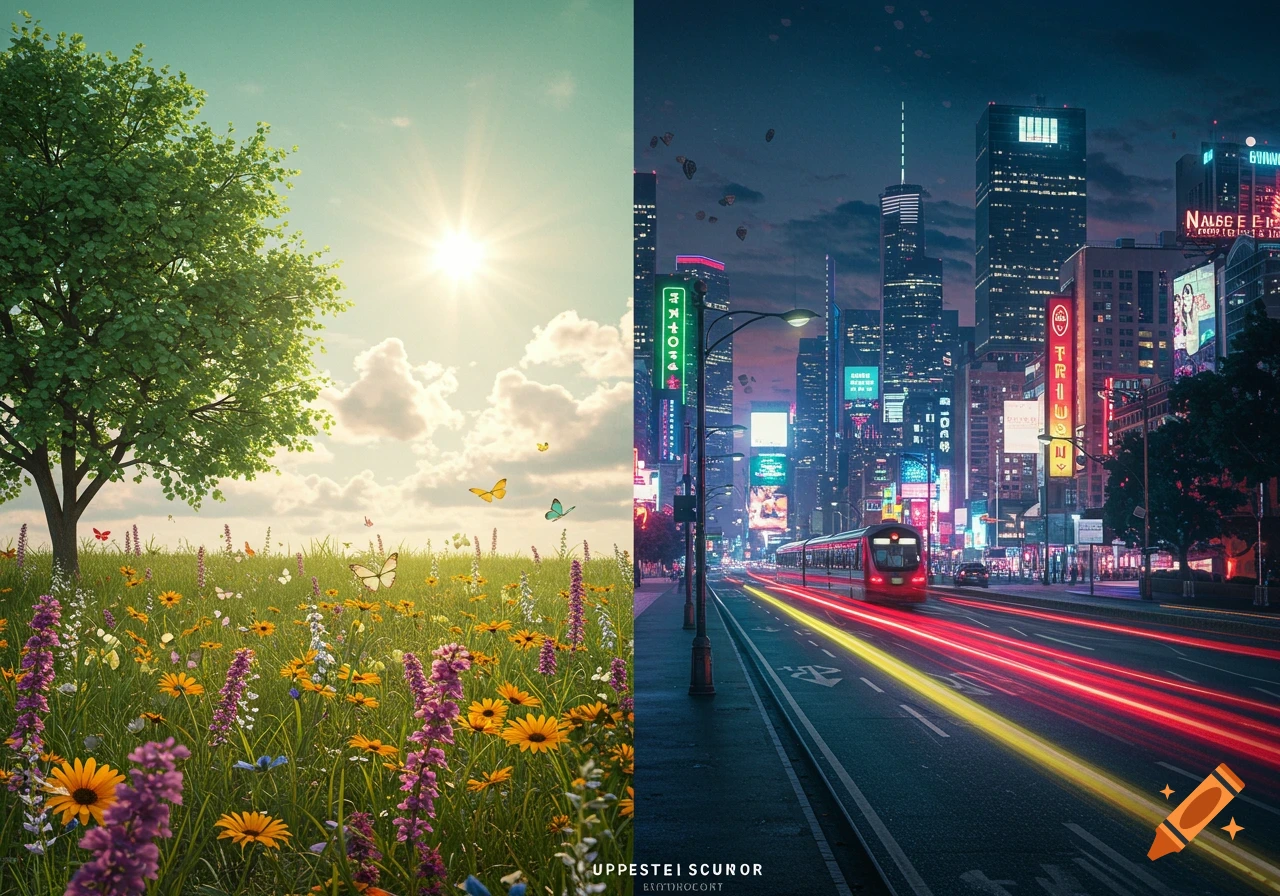 A split image showing a vibrant natural landscape with a tree, wildflowers, and butterflies on the left, and a futuristic-looking city with neon lights, skyscrapers, and light trails from vehicles at night on the right.
