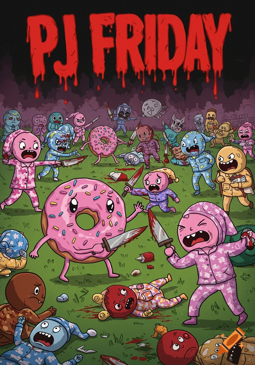 Cartoon battle scene with donuts and pajama-clad characters fighting with knives, blood splattered, under a 'PJ FRIDAY' title.
