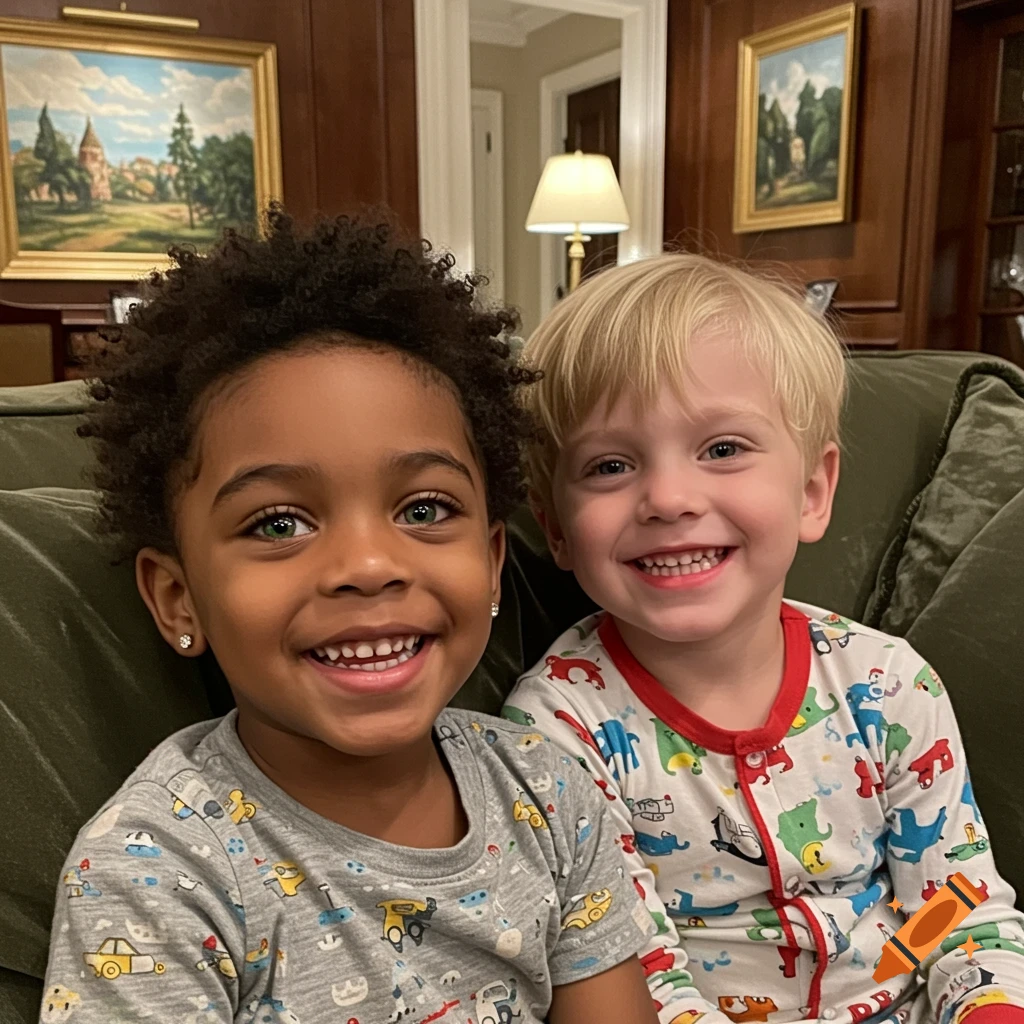Two smiling young boys, one with dark curly hair and green eyes, the other blonde, sit together on a green couch in a well-decorated home.