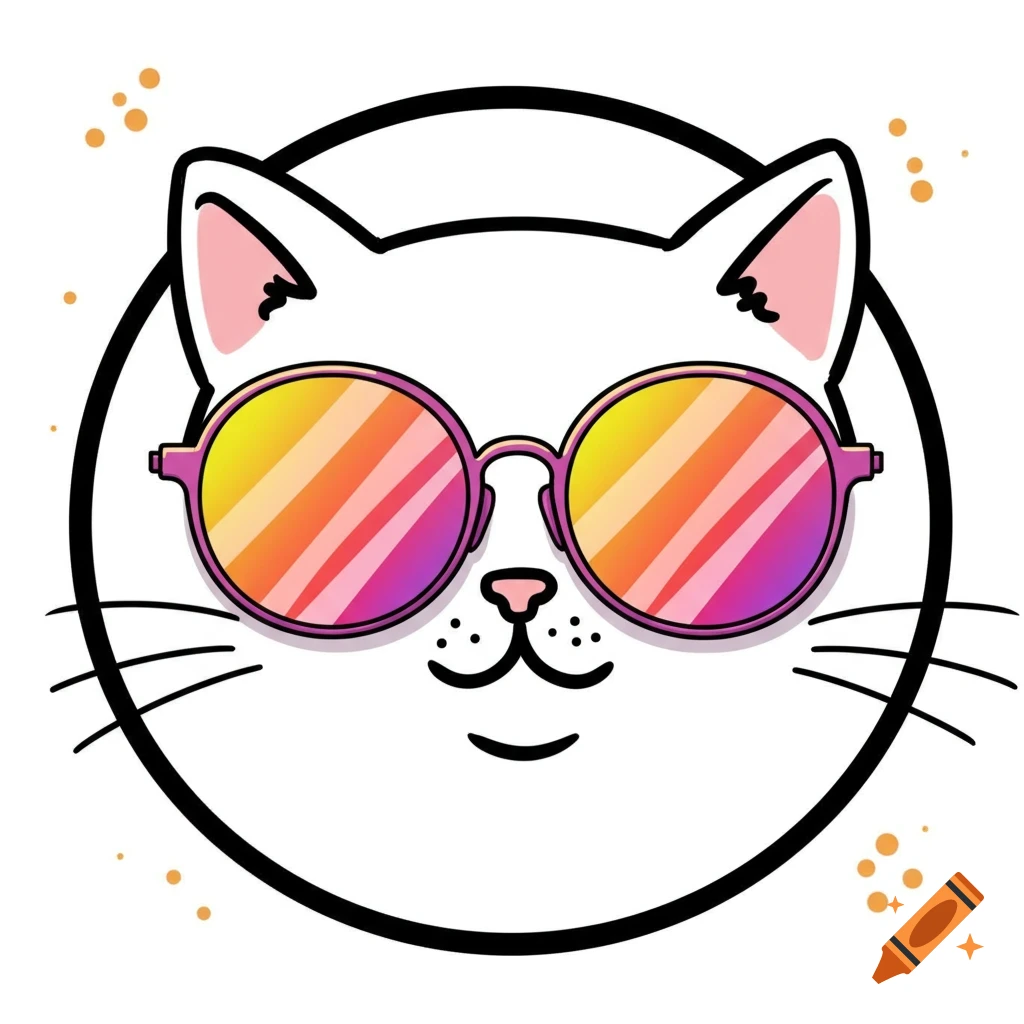 Cartoon white cat face with pink and yellow gradient sunglasses, outlined in a black circle.
