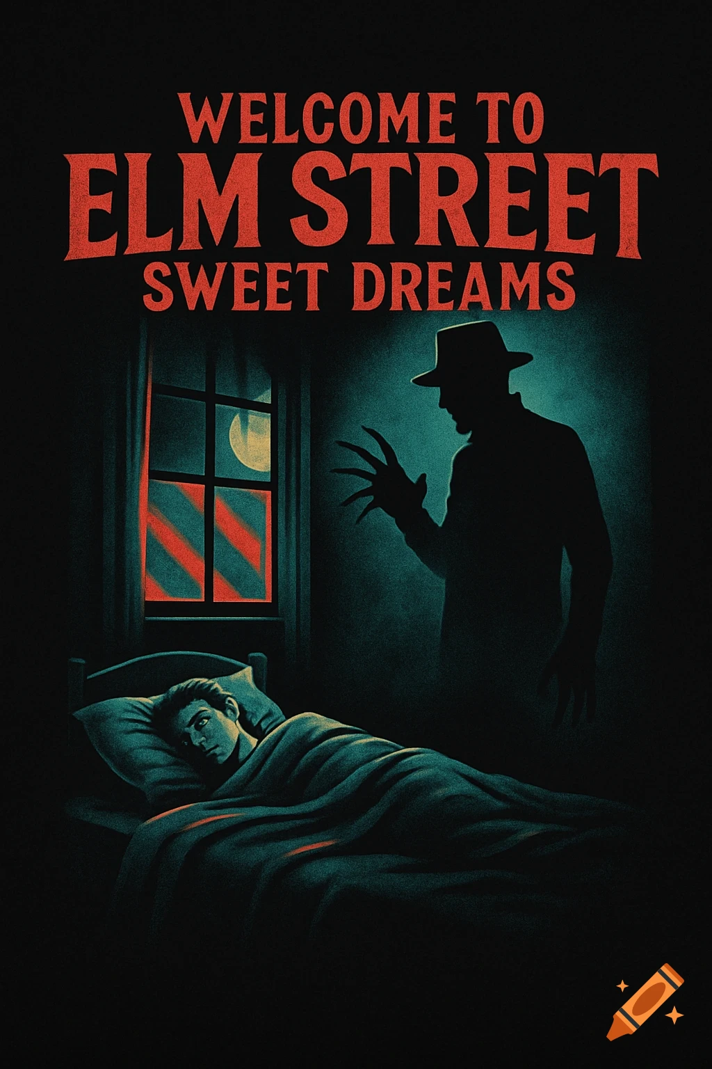 Stylized horror illustration: Freddy Krueger's silhouette watches a sleeping person in a dark room. Text: 'Welcome to Elm Street Sweet Dreams'.