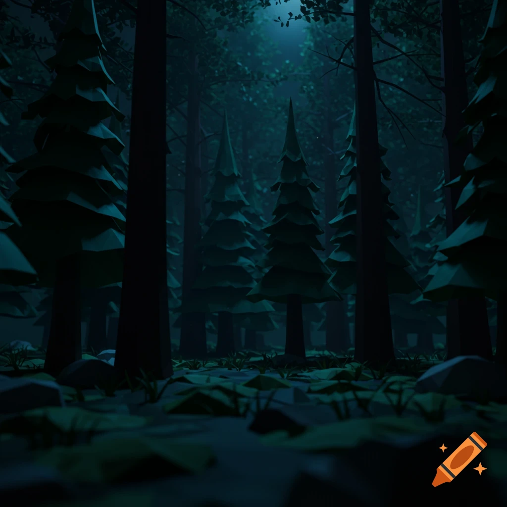 A dark, low-poly forest at night with tall spruce trees and green moss, lit by a subtle glow from above.