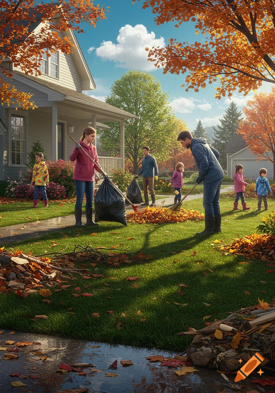 A family rakes autumn leaves in the front yard of a house, with children playing nearby under a bright sky.