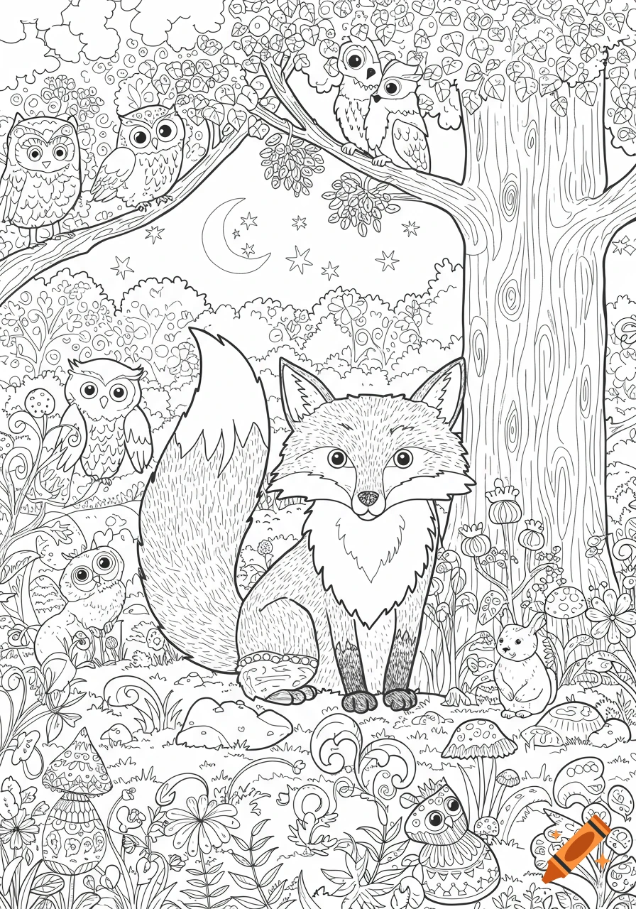 A black and white cartoon coloring page featuring a fox in a forest at night, surrounded by owls and mushrooms.
