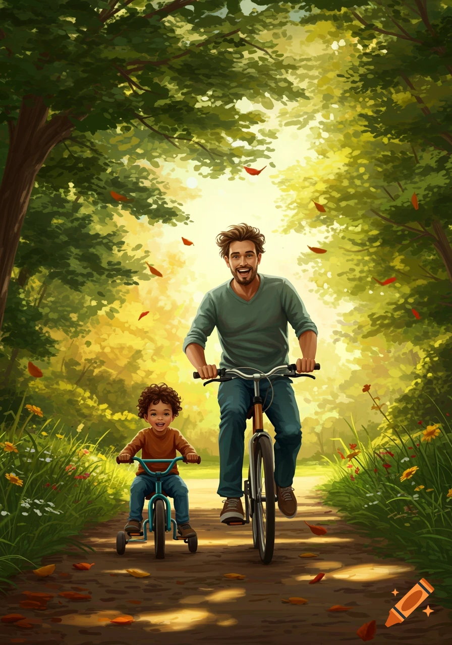 A happy father and son ride bicycles on a sunlit forest path, with autumn leaves falling around them.