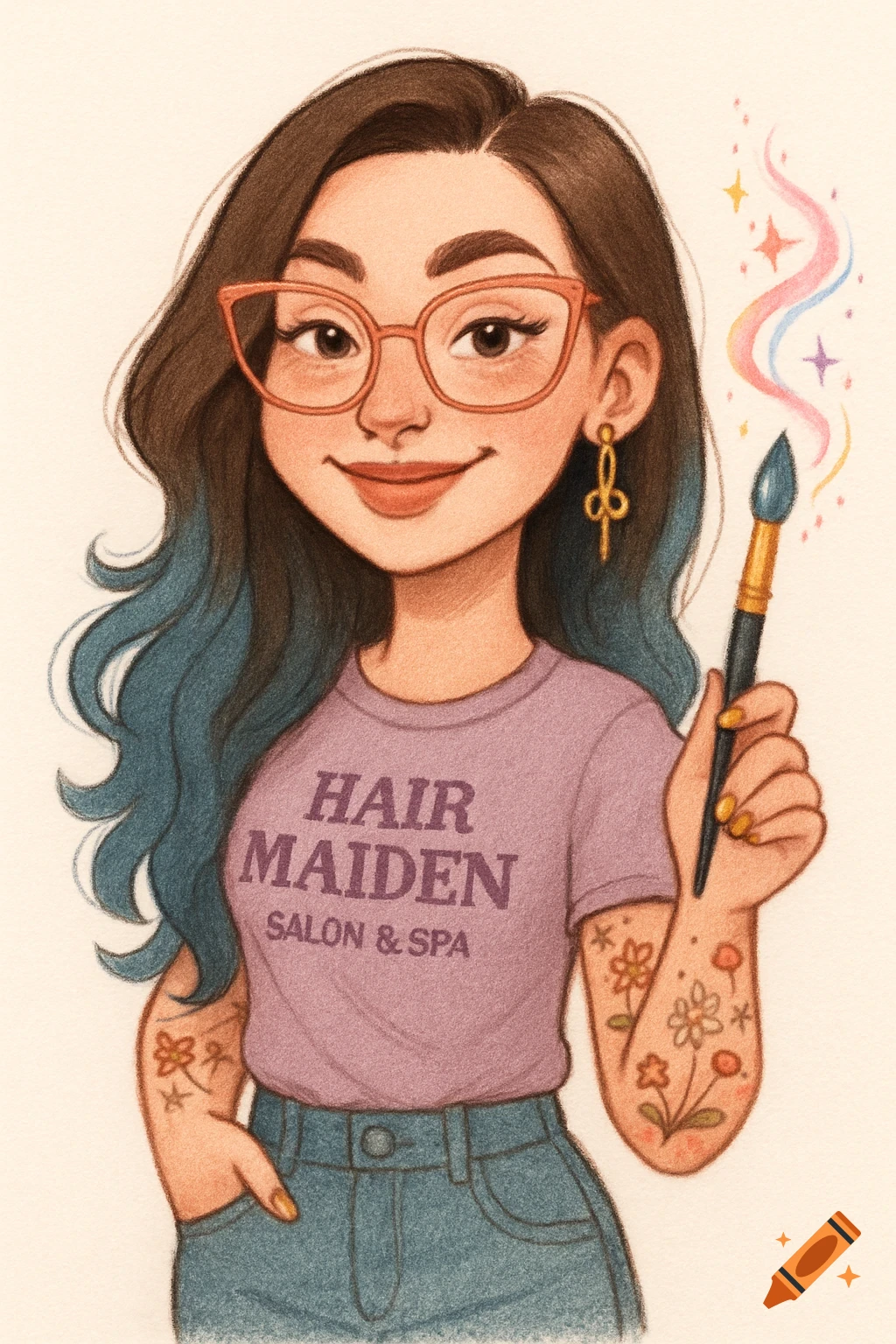 Cartoon illustration of a smiling woman with dark brown and blue hair, glasses, tattoos, and a 'Hair Maiden Salon & Spa' t-shirt, holding a magic art brush.