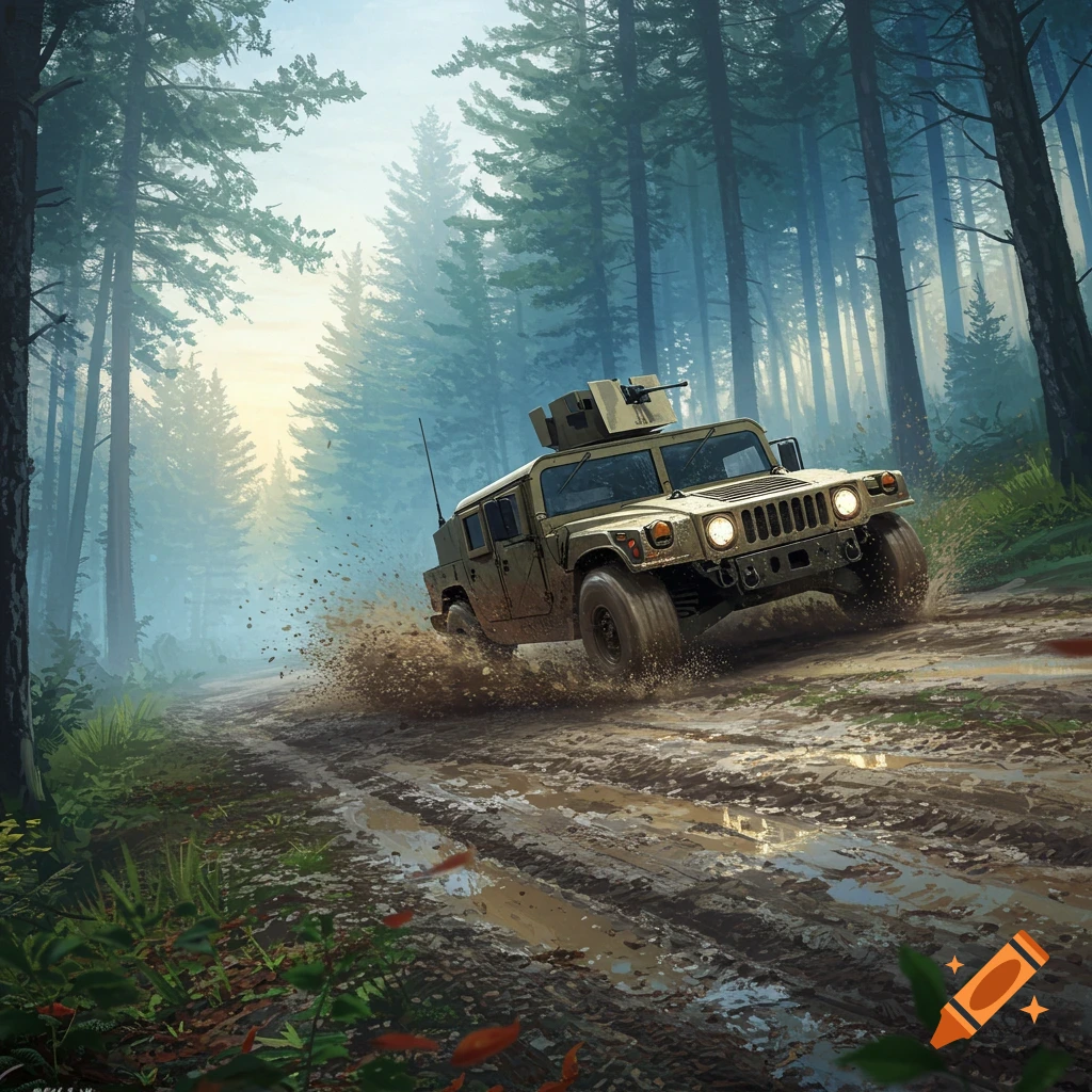 A military Humvee speeds down a muddy dirt road in a pine forest, splattering mud, with early morning light filtering through the trees.
