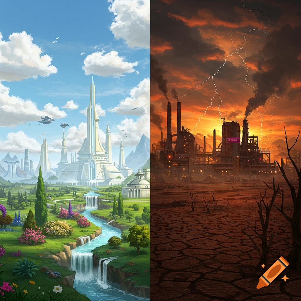 Split image: a vibrant futuristic utopia with white buildings and lush gardens on the left, a dark polluted industrial dystopia on the right.