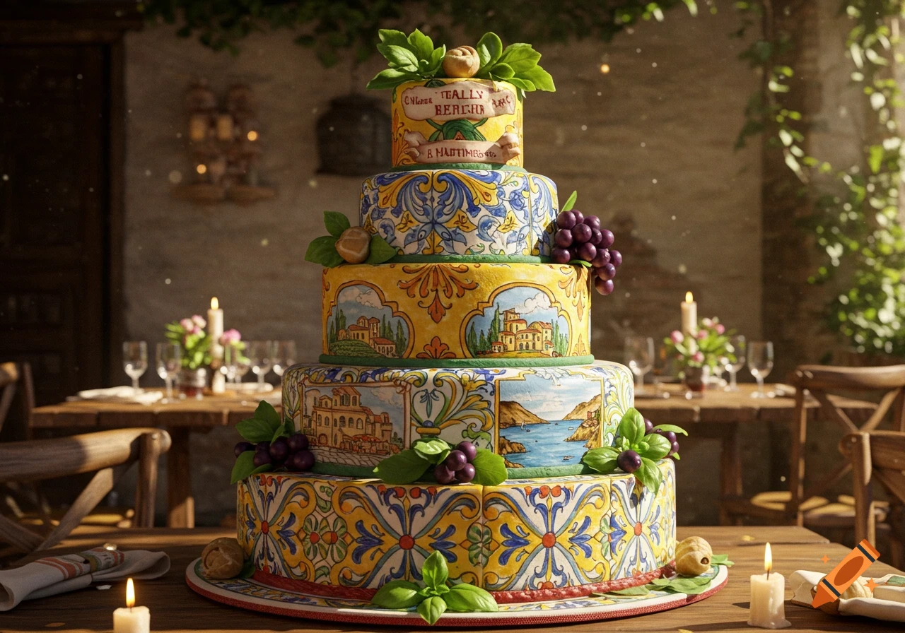 A photorealistic, multi-tiered cake decorated with yellow and blue Italian ceramic patterns, topped with basil and grapes, set on a rustic table.