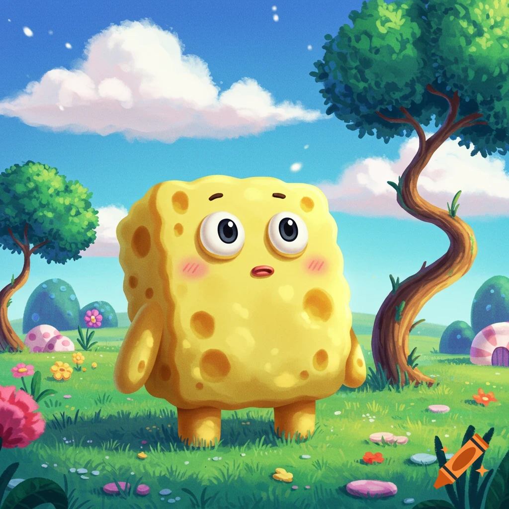 A cute, yellow, sponge-like cartoon character with rosy cheeks stands in a vibrant green field with trees and flowers under a blue sky.