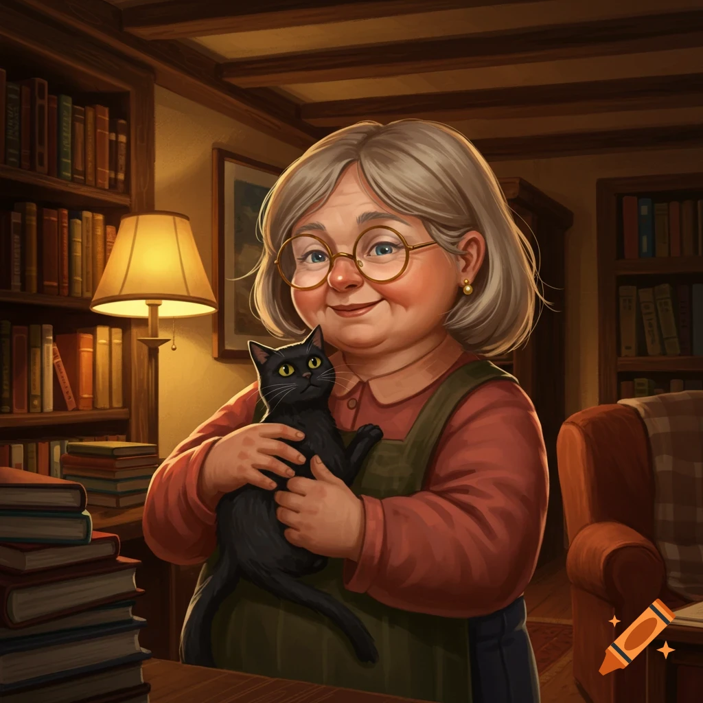 An elderly woman with gray hair and glasses holds a black cat in a cozy library with many books.