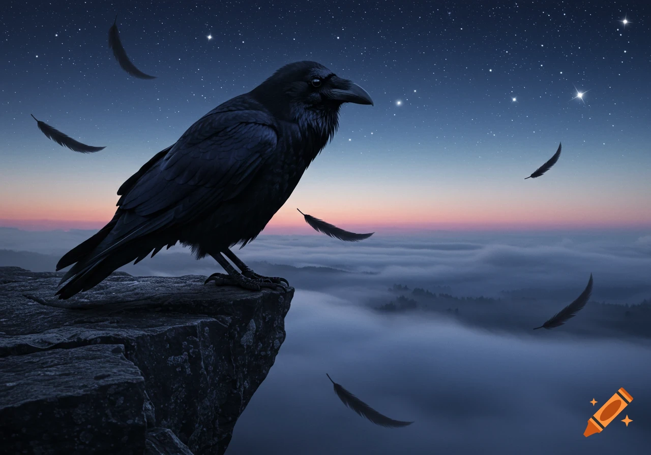 A large black raven perches on a cliff overlooking a cloudy landscape under a starry, twilight sky with floating feathers.