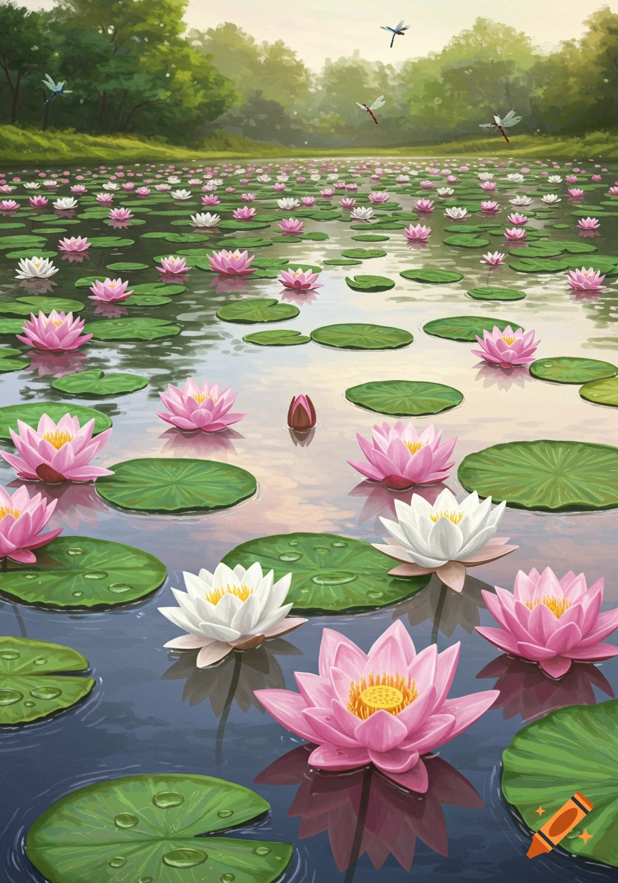 A tranquil pond filled with numerous pink and white lotus flowers and green lily pads, with dragonflies in the air and lush trees in the background.