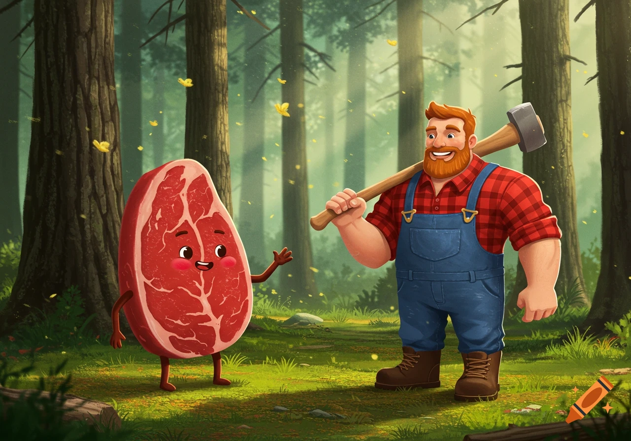 A cheerful cartoon steak waves at a smiling lumberjack with an axe on his shoulder, in a sunlit whimsical forest illustration.