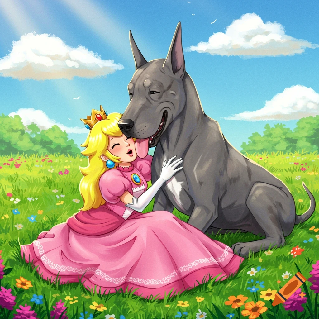 Princess Peach hugs a large gray Great Dane that licks her face in a sunny, flower-filled field. Cartoon style.
