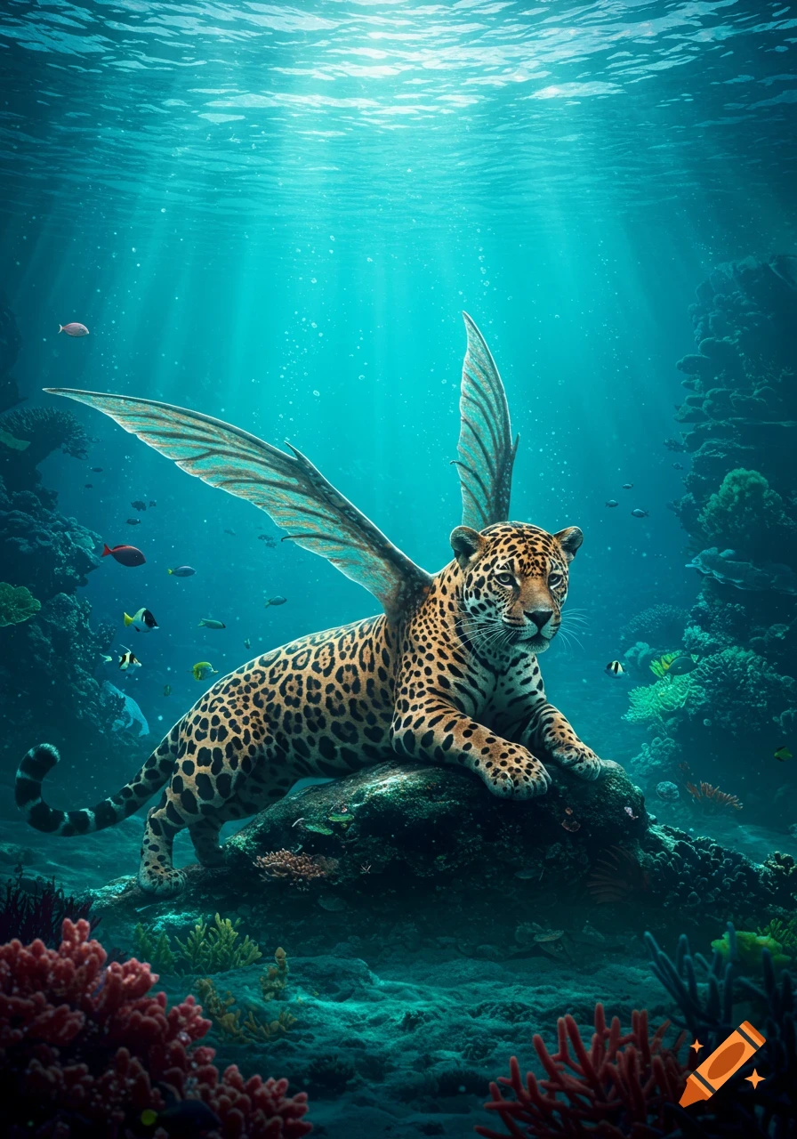 A winged jaguar rests on a rock underwater amidst coral and small fish, with rays of light penetrating the surface.