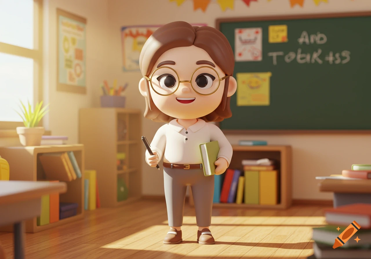 A smiling 3D cartoon female teacher with glasses holding a pen and book in a sunny classroom.