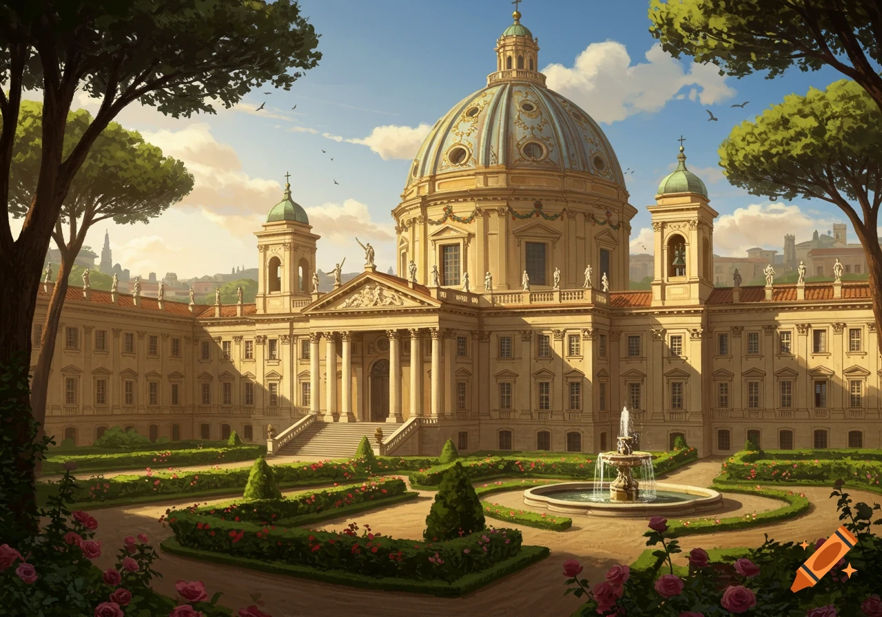 An ornate Italian baroque palace with a grand dome, surrounded by meticulously manicured gardens, a fountain, and tall trees under a blue sky.