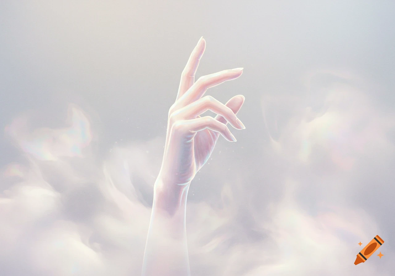 An ethereal, glowing hand with one finger raised, fading into a misty, light-colored background.