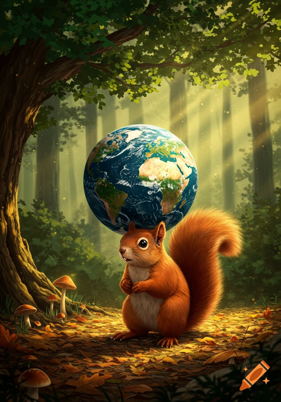 A cute squirrel posing as Atlas, holding a detailed Earth globe on its back in a sunlit forest with fallen leaves.