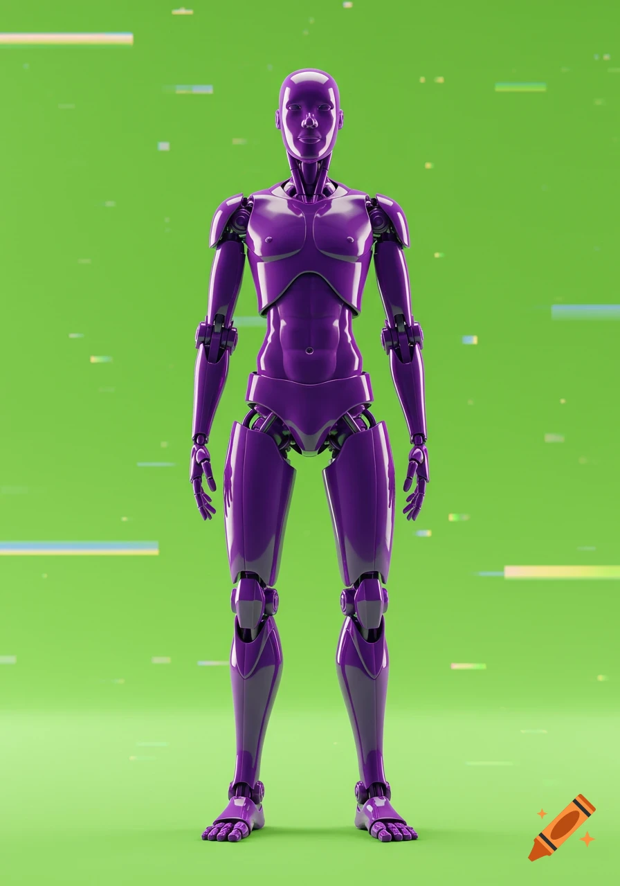 A shiny purple robot mannequin stands against a bright lime green background with subtle horizontal light streaks.