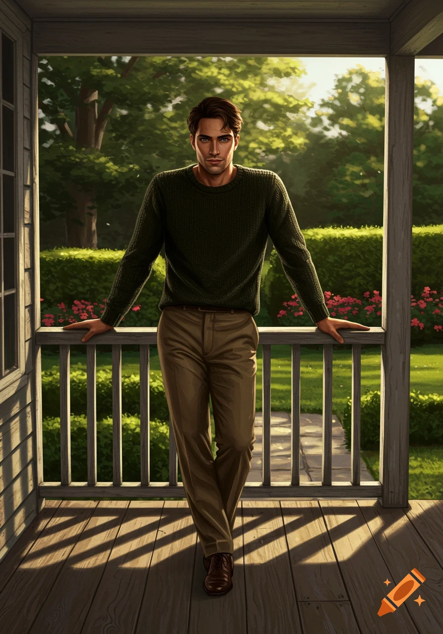 Handsome man in dark green sweater and khaki pants leaning on a wooden porch railing, with a sunny garden behind him.