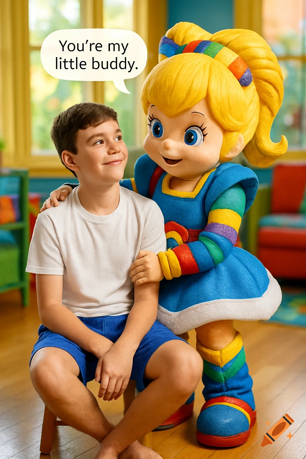 A boy sits next to a colorful mascot embracing him. A speech bubble reads, 'You're my little buddy.' Photorealistic style.
