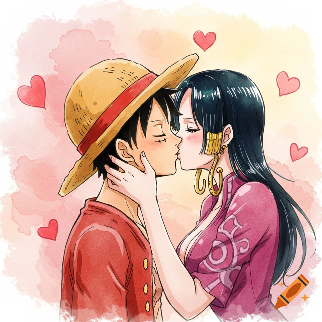 Anime characters Luffy and Hancock from One Piece kiss passionately surrounded by hearts, in a watercolor style.