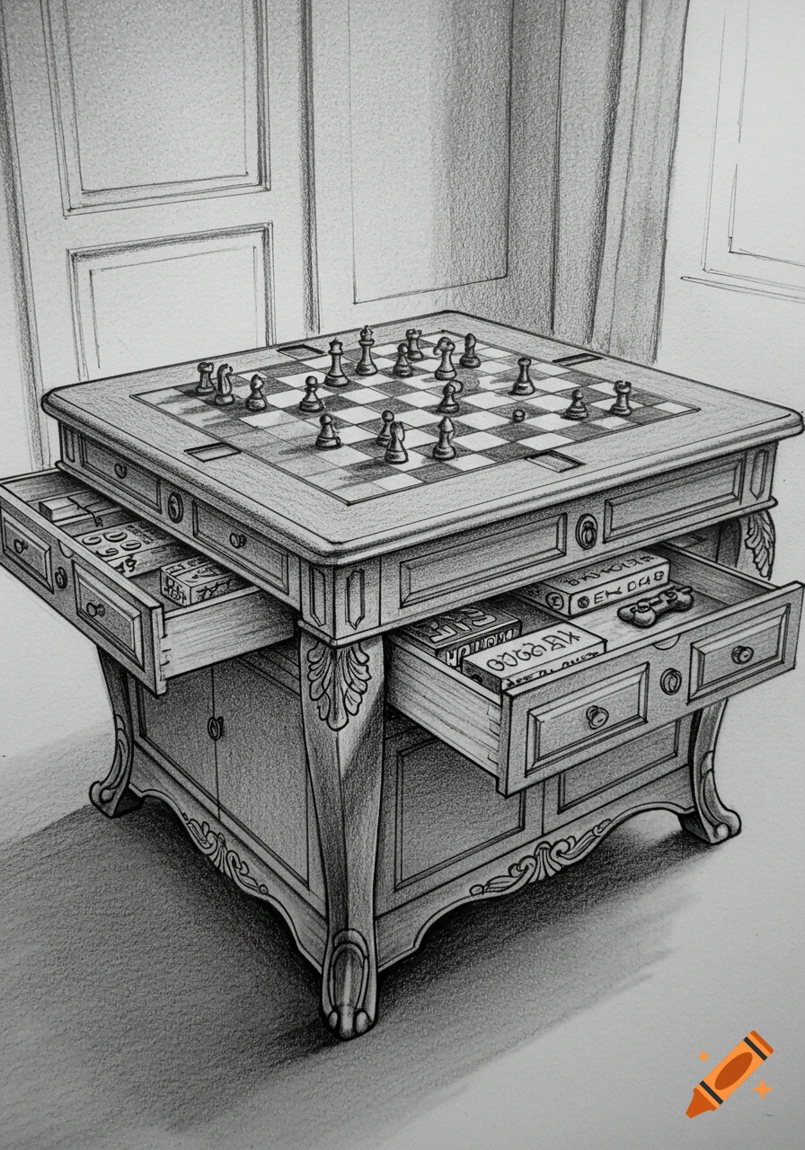 Pencil drawing of an antique game table with a chess set on top and drawers open revealing board games.
