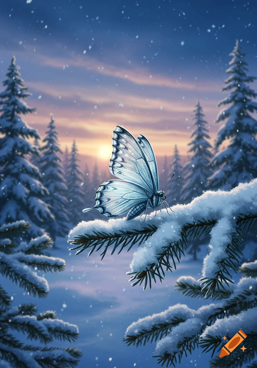 A luminous blue butterfly perched on a snow-covered pine branch in a winter forest under a sunset sky with falling snow.