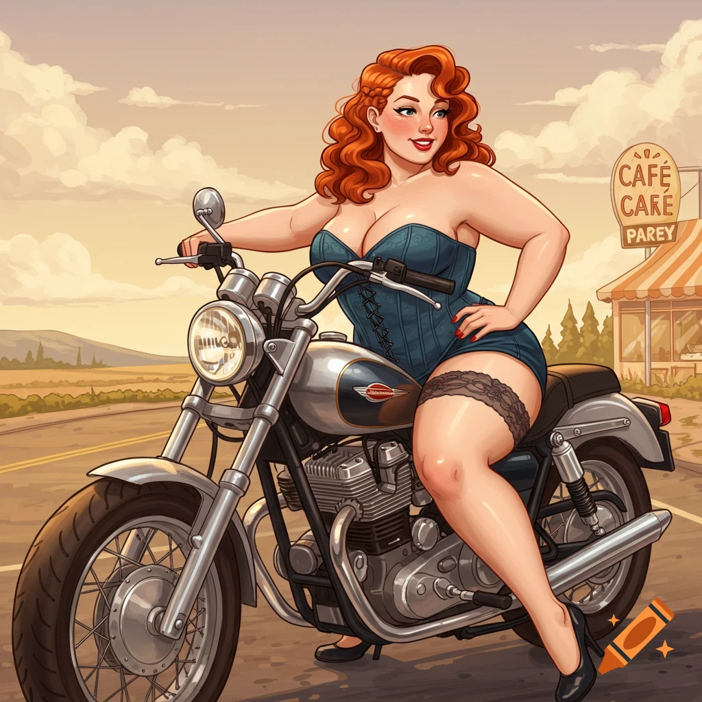A curvy redhead woman in a blue corset and black garter stockings sits suggestively on a motorcycle in front of a cafe, in a retro pin-up art style.