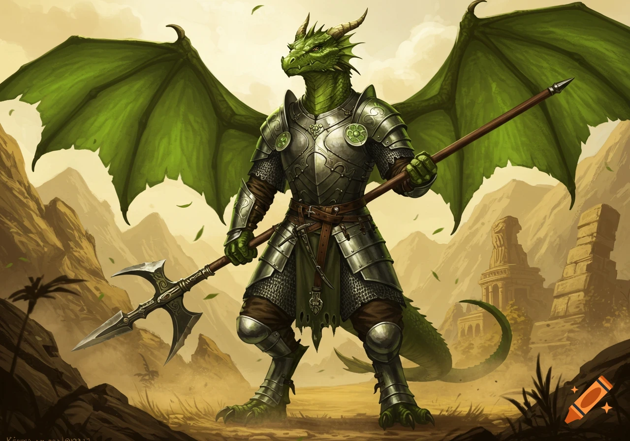 A majestic green Dragonborn warrior in detailed chainmail armor and large wings stands holding a polearm in a desert landscape with ancient ruins.