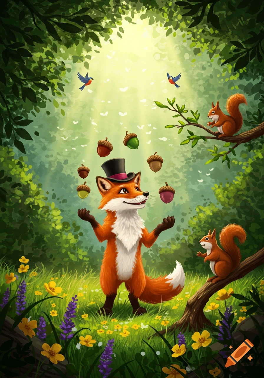 A whimsical cartoon fox in a top hat juggles colorful acorns in a sunny forest with squirrels and birds.