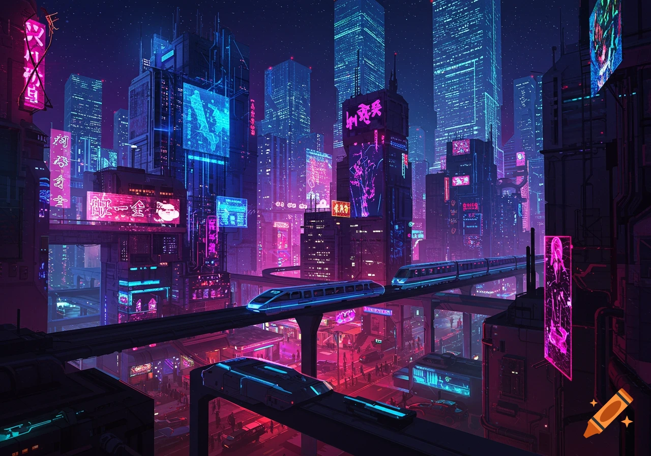 A vibrant, futuristic cyberpunk city at night with towering skyscrapers, glowing neon signs, and elevated trains speeding along tracks.
