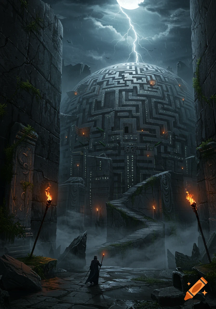A lone figure approaches a colossal, ancient maze-like dome under a stormy, lightning-filled full moon amidst ruins.