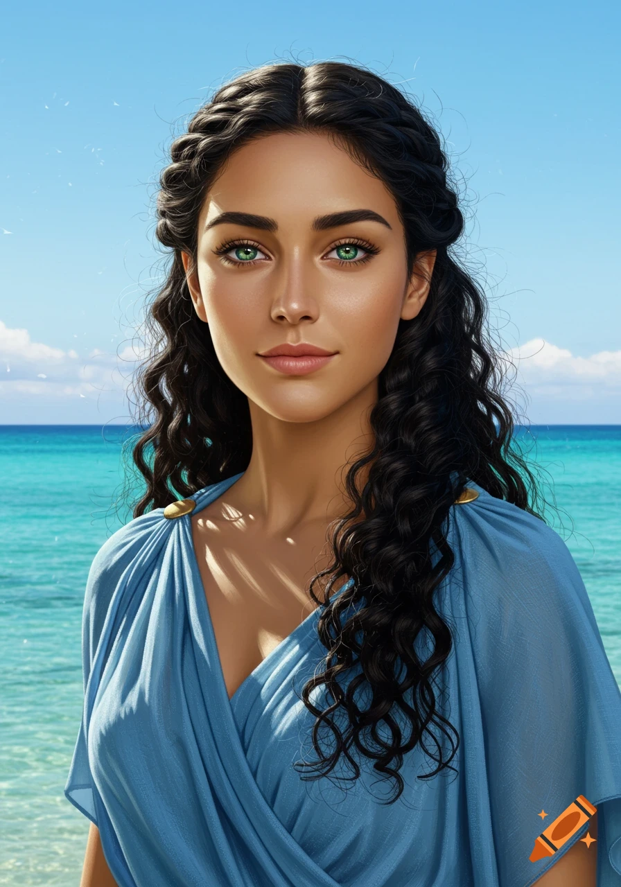 Photorealistic portrait of a beautiful ancient Greek woman with long dark curly hair, green eyes, wearing a blue chiton, by the turquoise sea.