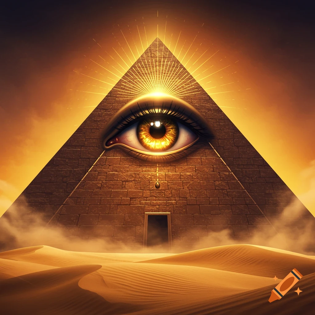 A detailed stone pyramid with a glowing eye at its top, radiating light, stands in a desert with sand dunes under an orange sky.