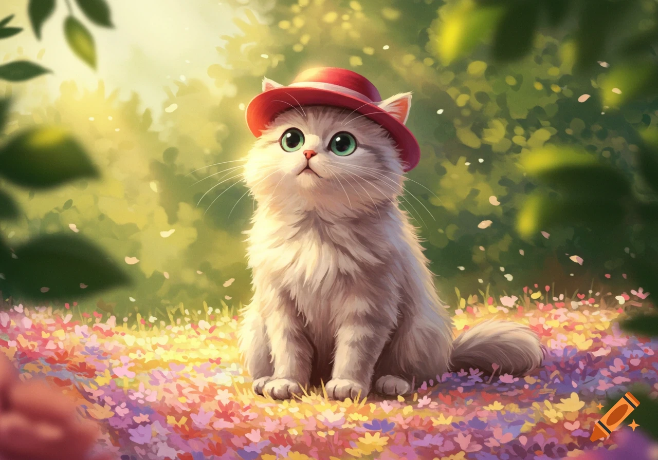 A fluffy white cat with green eyes wears a red hat, sitting in a field of colorful flowers in an illustrative style.