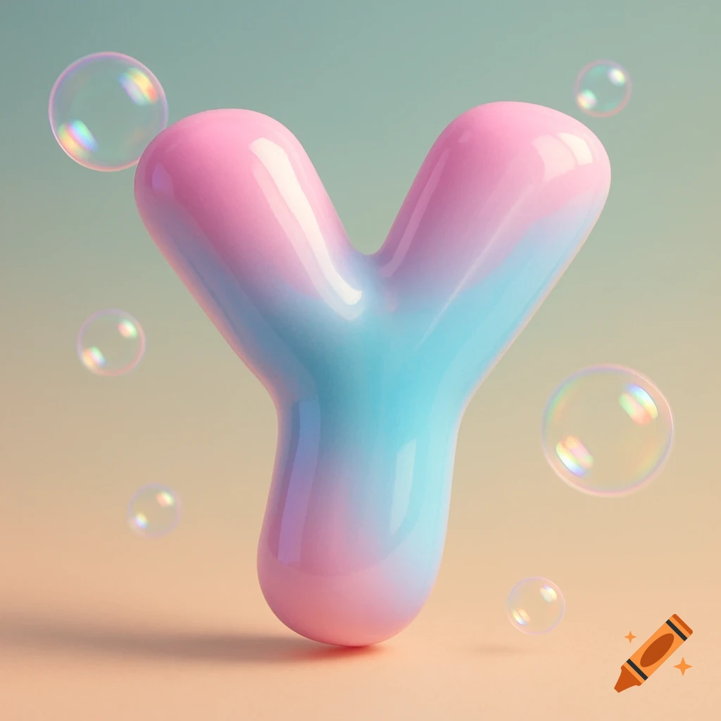 A pastel pink and blue bubble letter Y floats amongst iridescent soap bubbles on a gradient background.