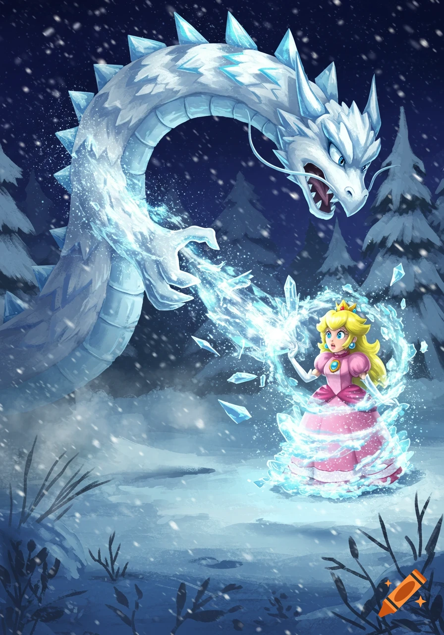 Princess Peach uses ice magic against a large white ice dragon in a snowy forest. Fantasy art style.