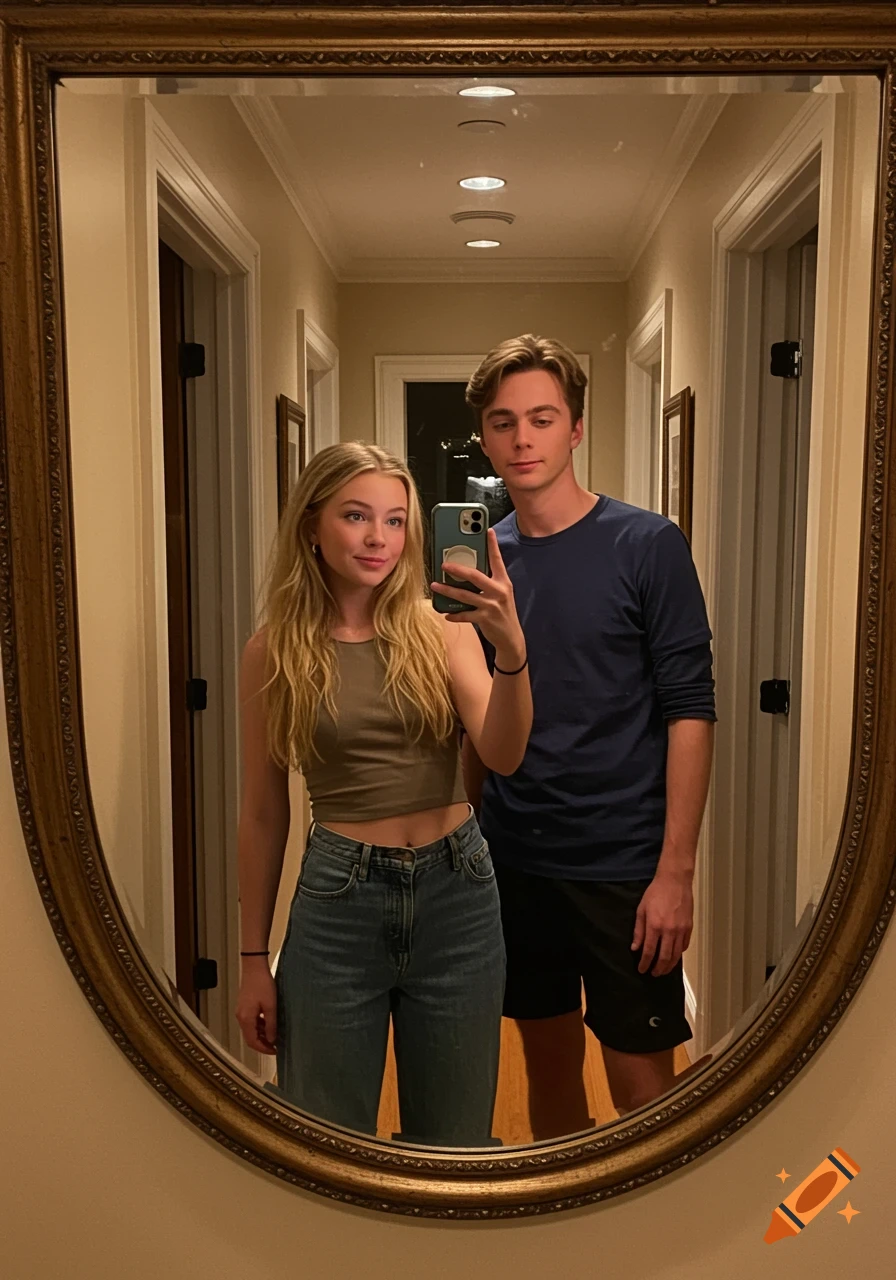 A young woman taking a mirror selfie with a young man in a warmly lit hallway.