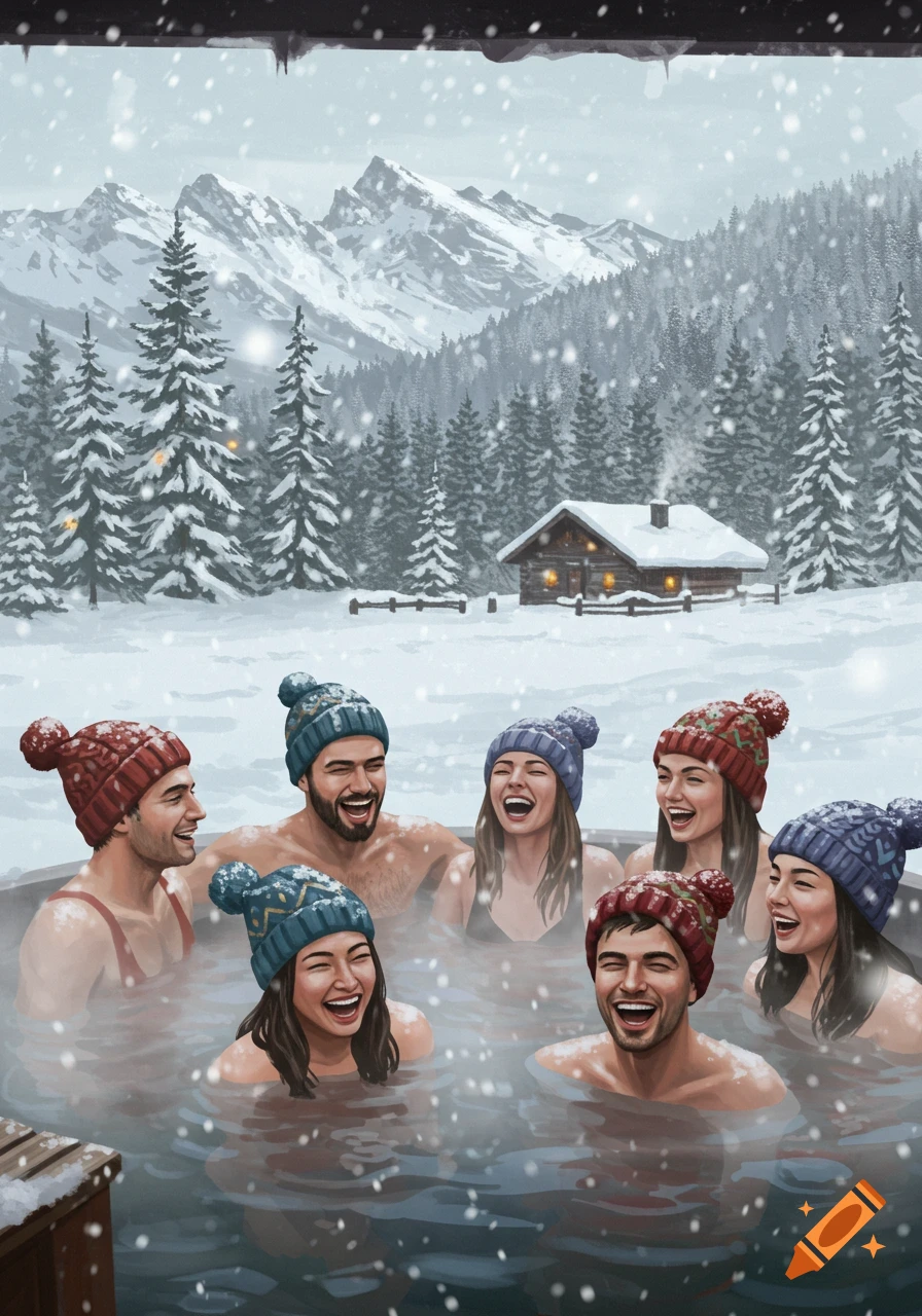 Illustrative image of diverse people laughing in an outdoor hot tub surrounded by a snowy mountain landscape with pine trees and a cabin.