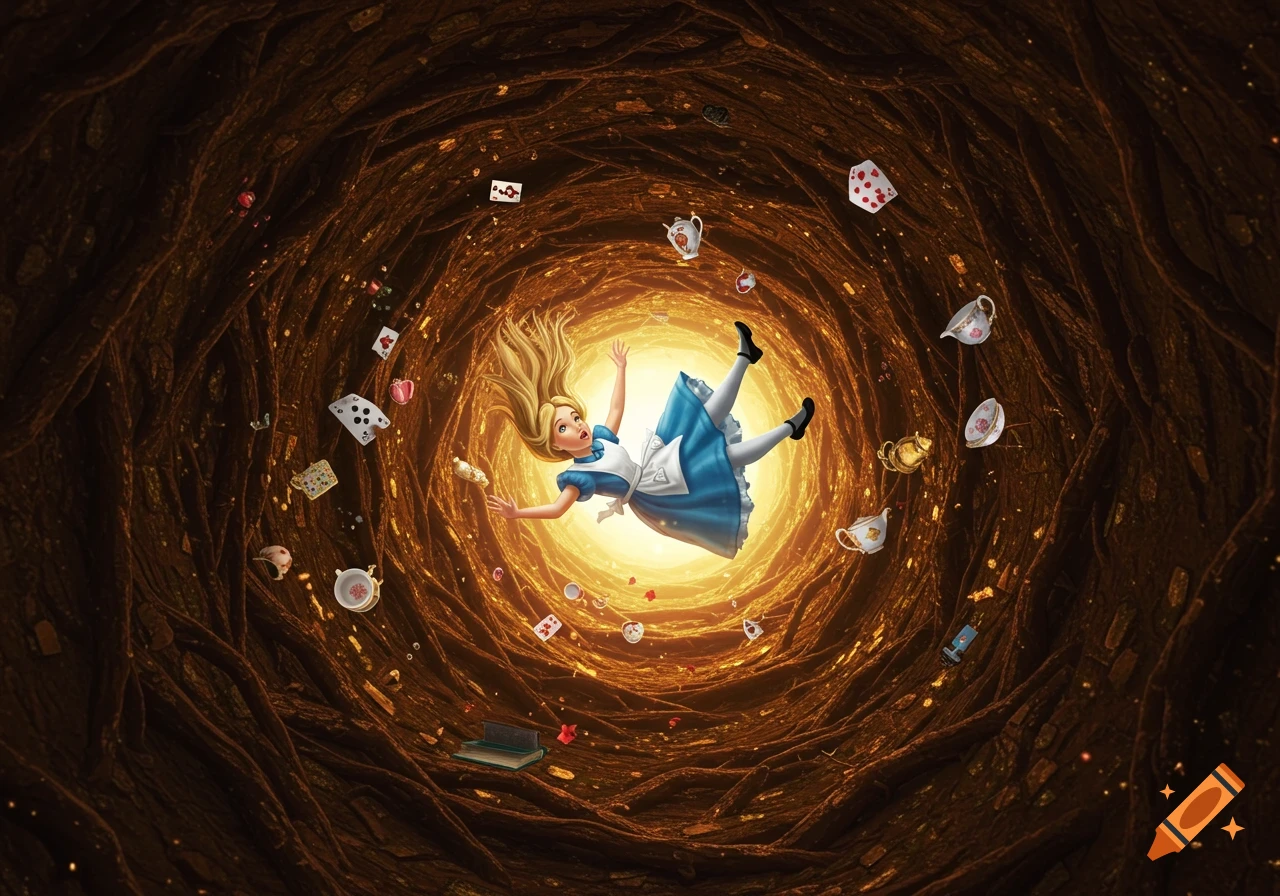 Alice falls down a swirling, root-lined rabbit hole, surrounded by floating teacups, playing cards, and books in a whimsical illustration.
