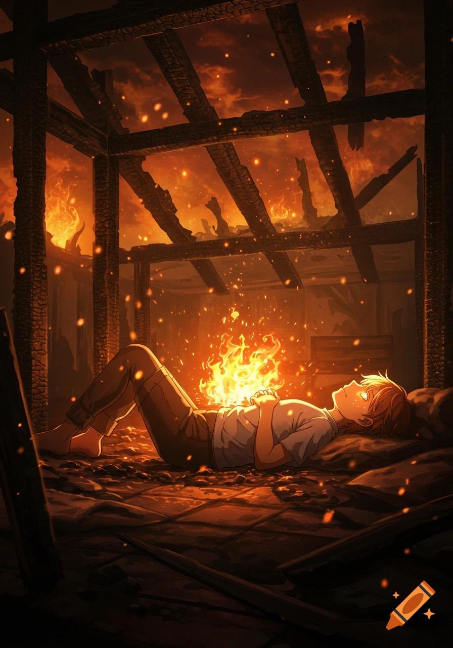 Anime. A young person lies on their back in a burnt room, surrounded by flames, with a ball of fire on their chest.