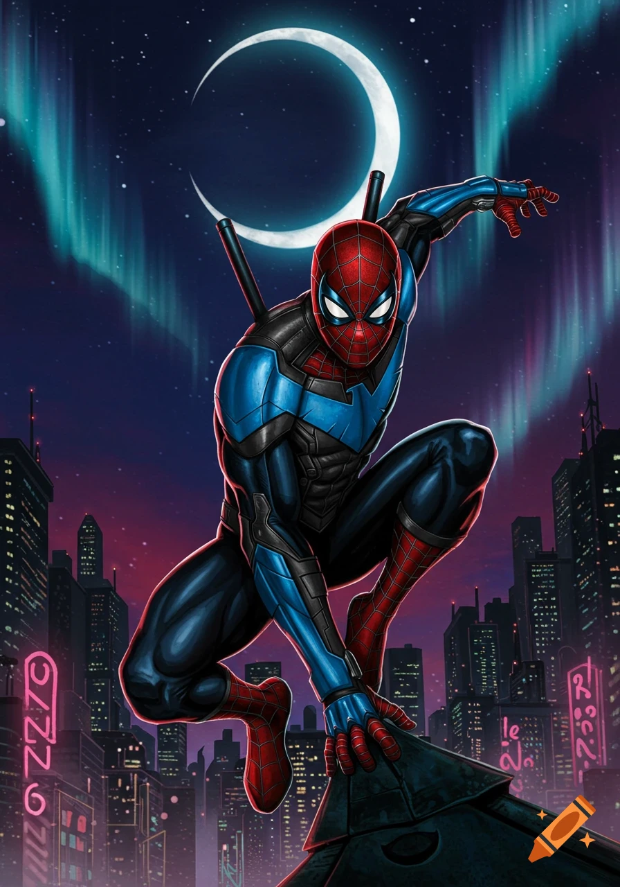 Superhero fusion of Spiderman and Nightwing on a rooftop at night, crescent moon and aurora borealis above a cyberpunk city.