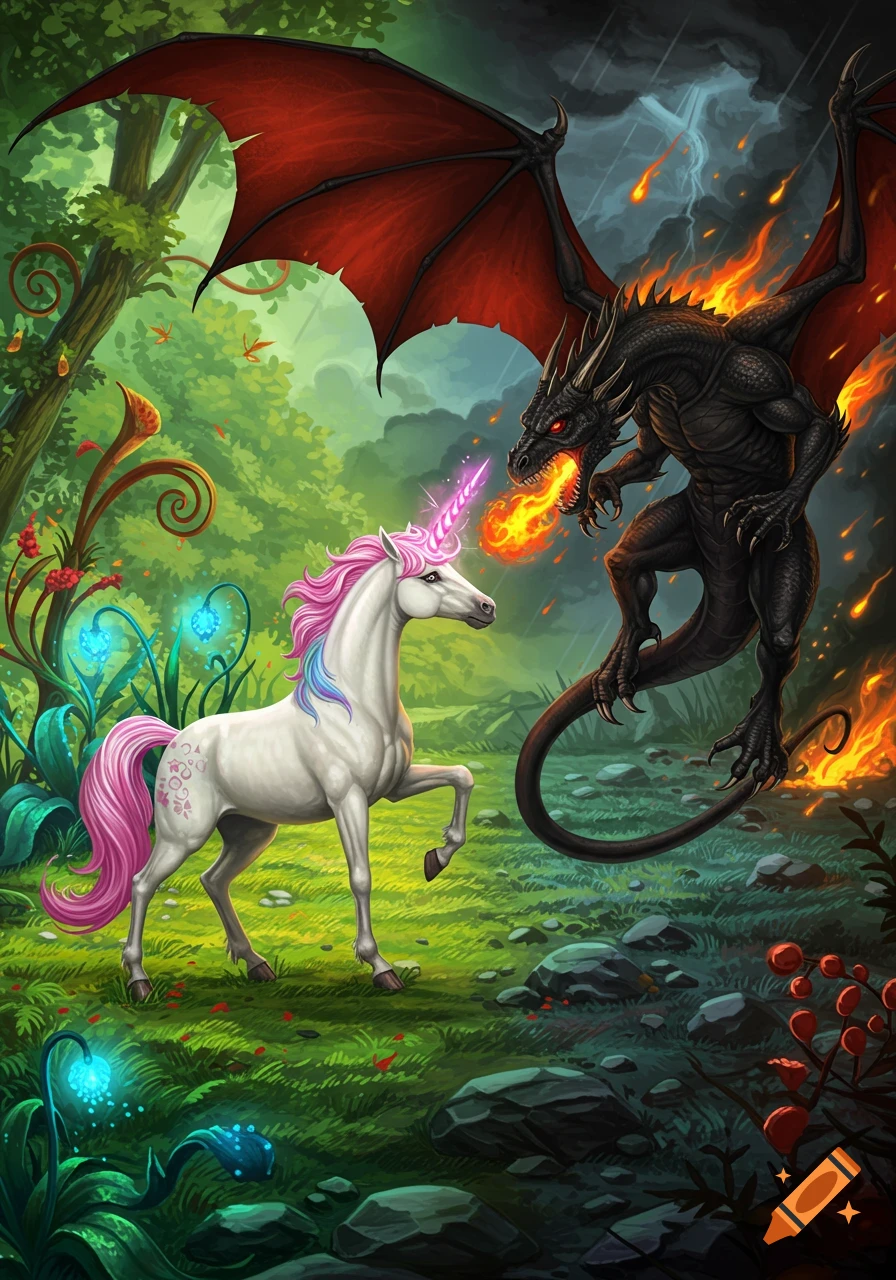 A vibrant fantasy illustration of a white unicorn with a rainbow mane and glowing horn facing off against a fire-breathing black dragon in a mystical forest.