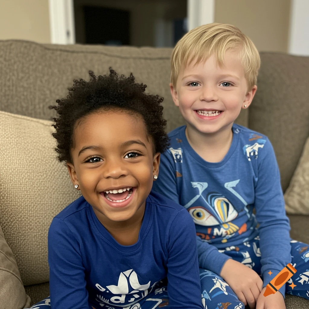 Two young boys, one with dark curly hair and one with blonde hair, smile broadly in blue pajamas on a couch.