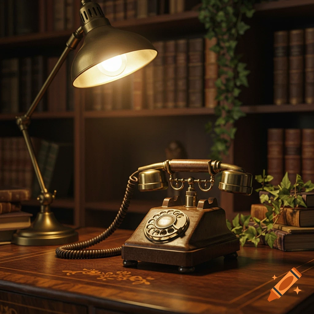 An antique rotary telephone and a brass desk lamp on a wooden desk, with bookshelves in the background.