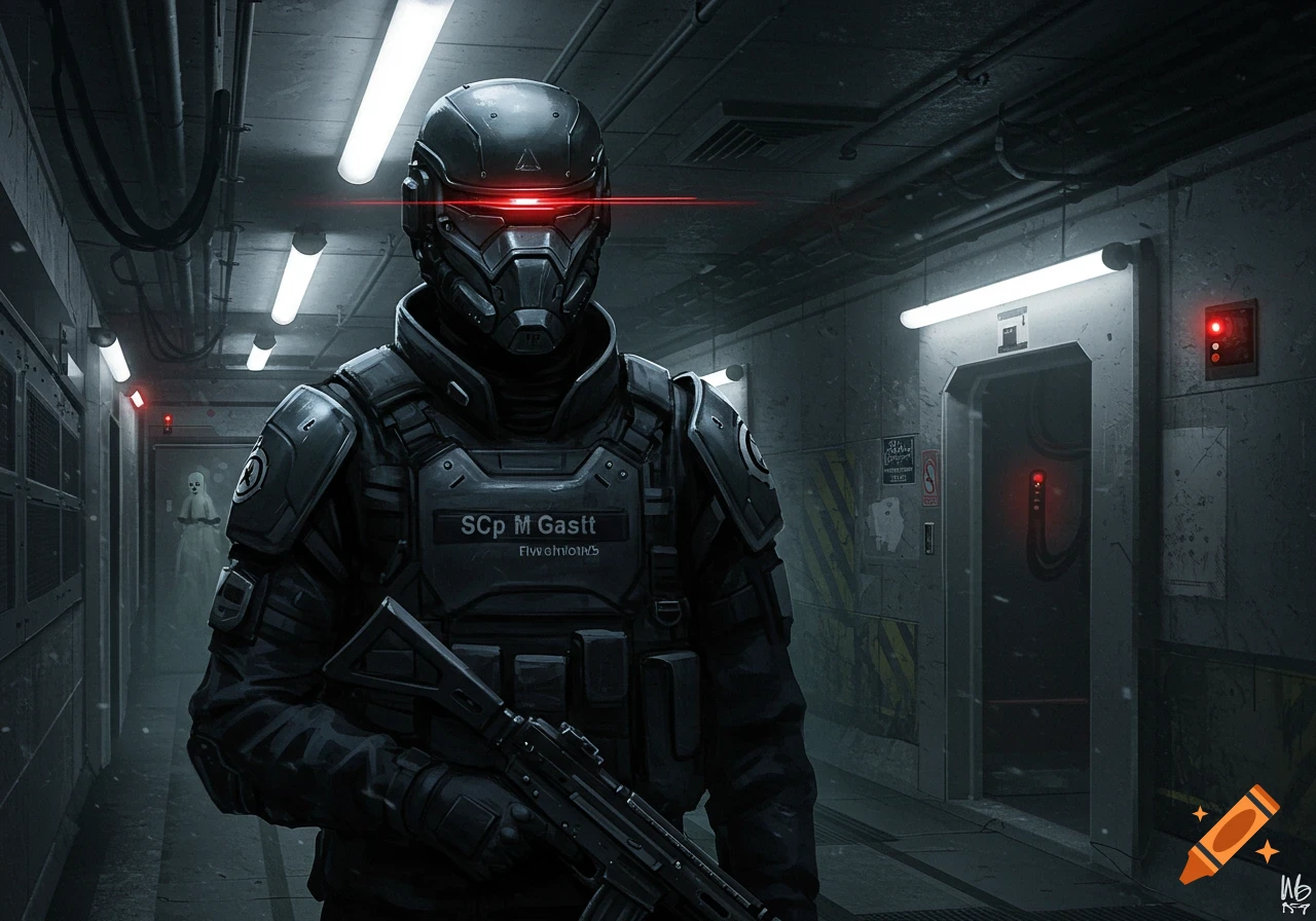 A futuristic armored guard with red glowing eyes stands in a dark, industrial hallway with an assault rifle, a ghostly figure in the background.
